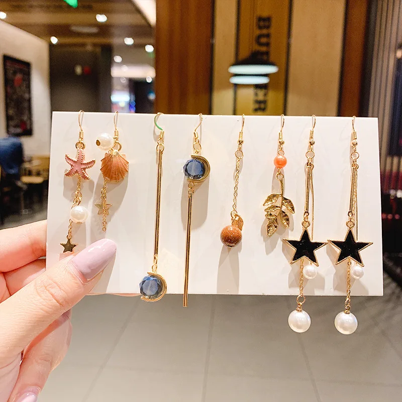 

Women Geometric Flower Shape Jewelry Alloy Long Tassel Shell Charm Stud Earrings Pearl Setting Earrings Set Series
