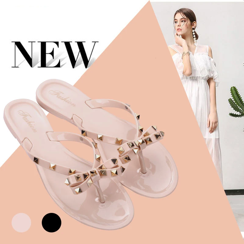 

RT2000062 2020 Fashion Woman Flip Flops Summer Cool Beach Rivets big bow flat sandals Brand jelly shoes sandals girls
