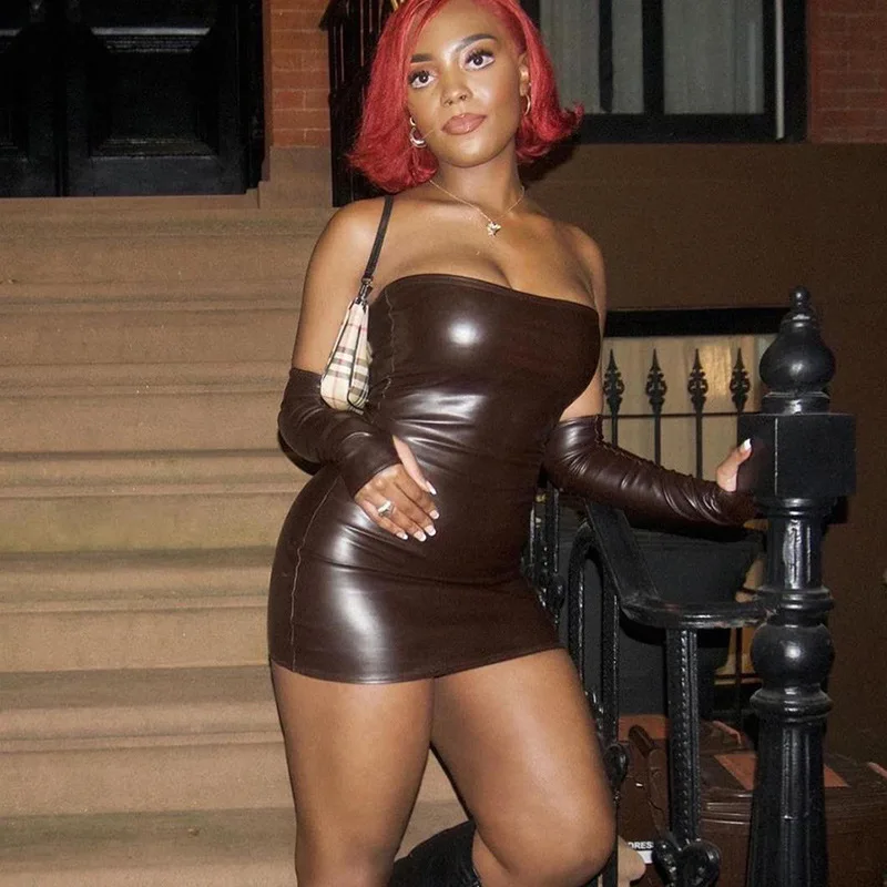 

2021 Wholesale Women Sexy Off Shoulder Strapless Long Sleeve PU Leather Mini Bodycon Dress, Customized color