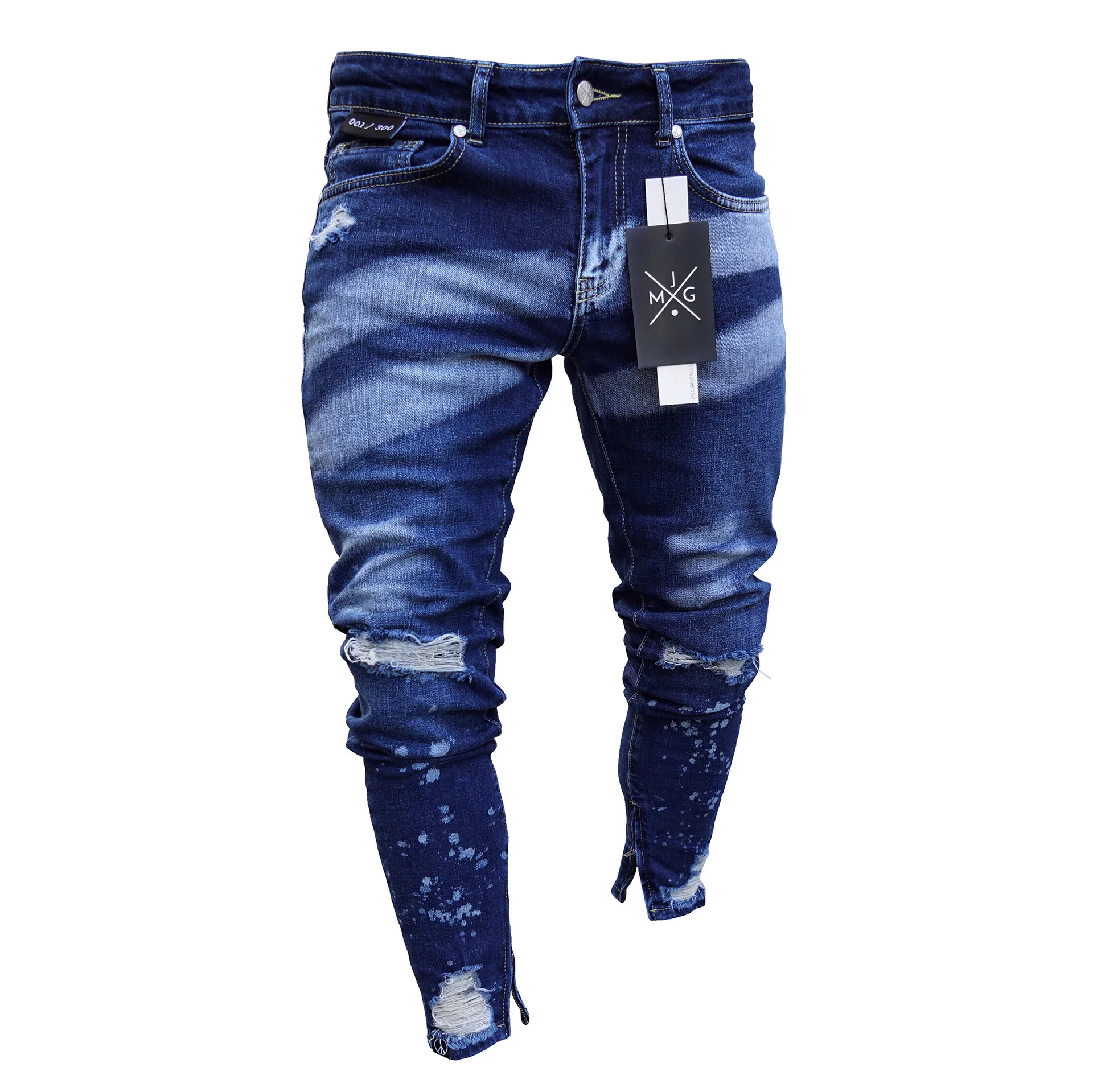 

Fashion Design Paint Blue Skinny Custom Denim Ripped Jeans For Men