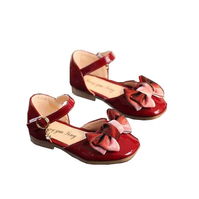 

New design lovely bow princess rhinestone dance shoes baby school PU flat baby dress shoes, Beige,red,pink