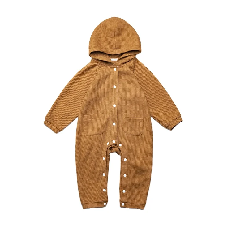 

Custom Long Sleeve Waffle Newborn Baby Clothes Unisex Boys Girls Baby Knitted Romper with Hood, Picture