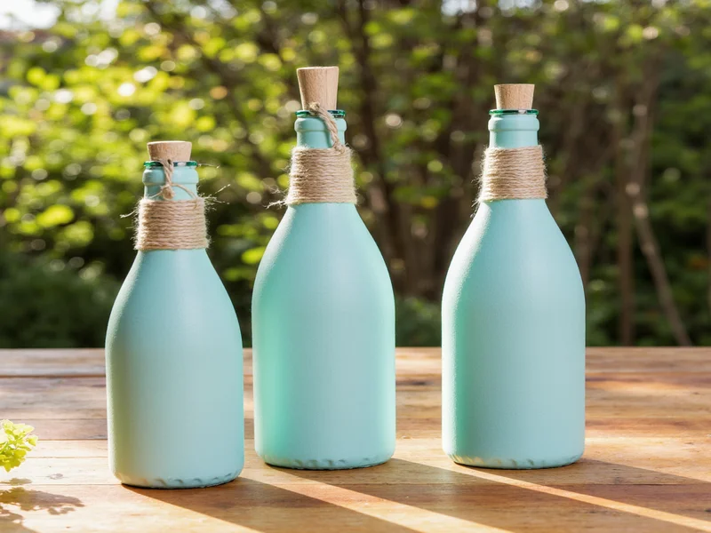 Three painted glass bottles with twine accents on wooden table