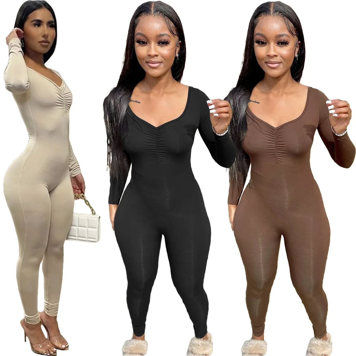 

TD Trendy Women Clothes Long Sleeves Solid V Neck Folds Jumpsuit Tight Sexy Womens Playsuit, Customized color