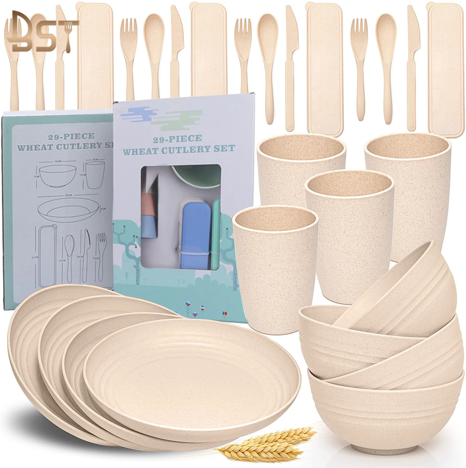 

16/28/29 pieces Set Kitchen Biodegradable Dinner Plates Cereal Bowls Cups Wheat Straw Fiber Dinnerware Set, Beige,blue,pink,green