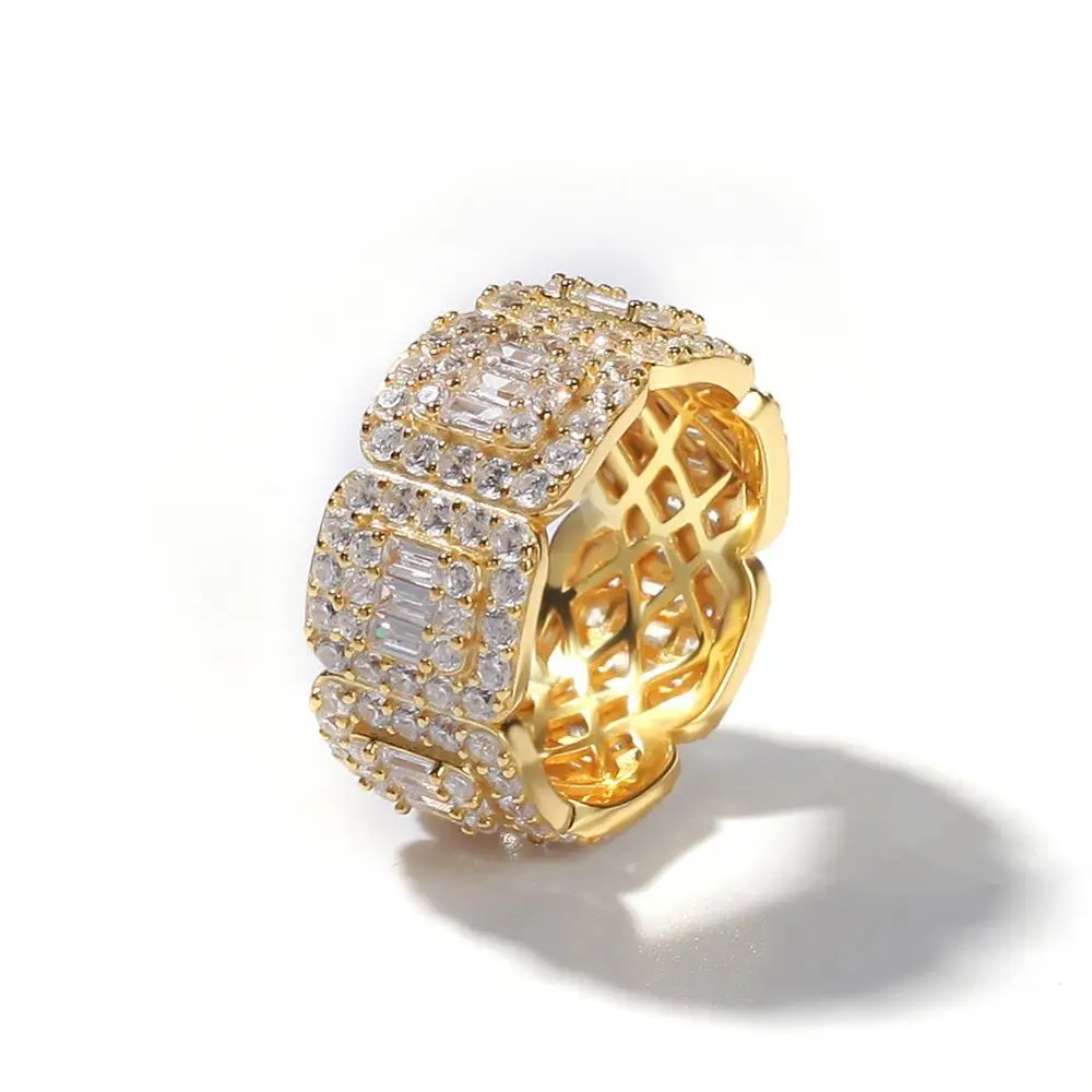 Hot Selling Hip Hop Ring Gold Mens Crystal Stone Unique Design Diamond Ring Bling Bling Micro Paved Gold Filled Men Gold Ring