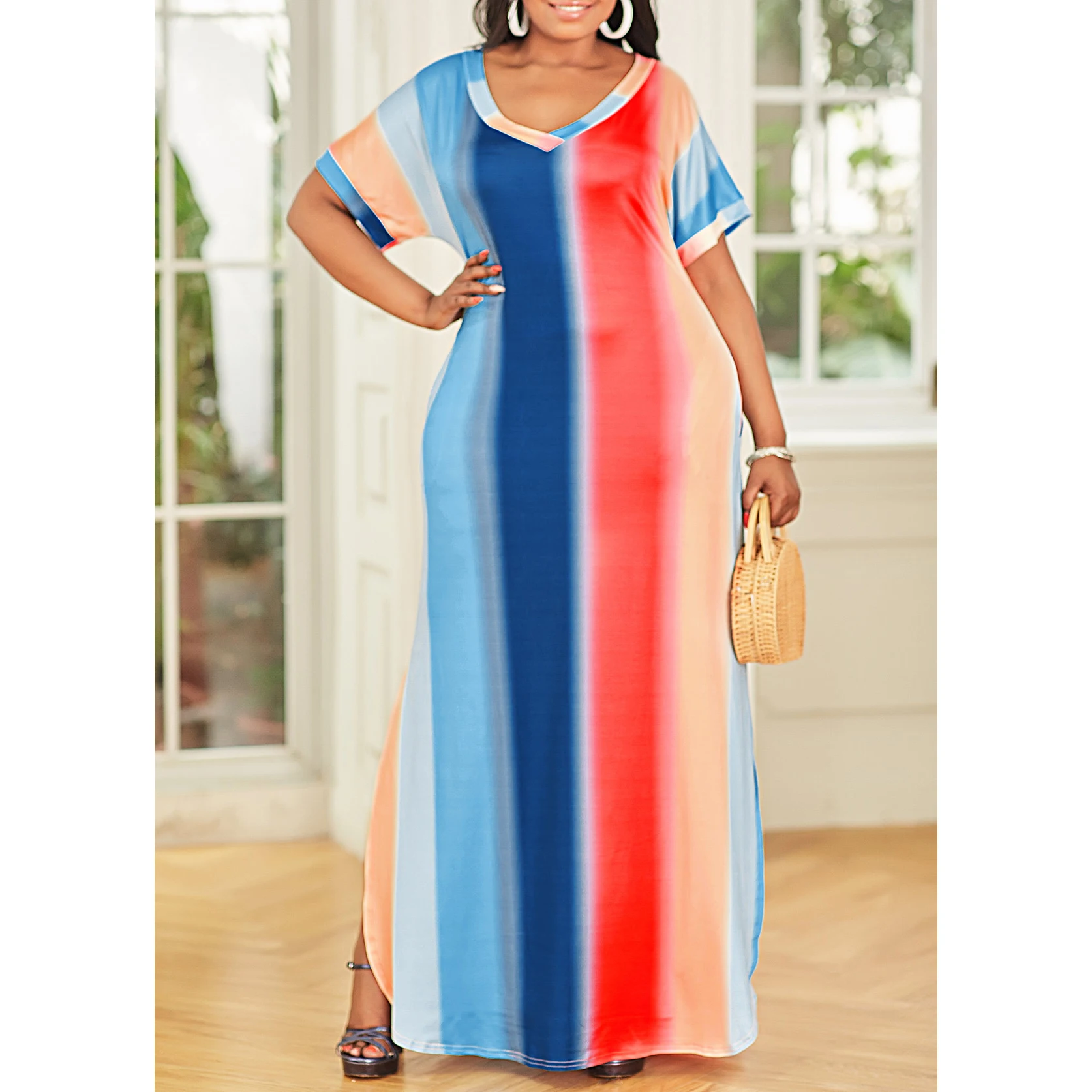 

2021 maxi dress summer v-neck patchwork short sleeve maxi dress maxi fitted dress