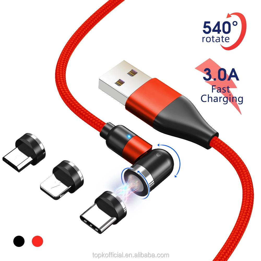 

TOPK AM66 1M 540 Rotation 5 Pins 3A Fast Charging USB 3 in 1 Magnetic Cable Data Cable, Black/red