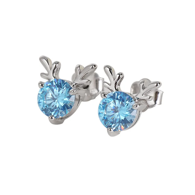 

Crystal Stone Deer Stud Earrings For Girls Party Accessories 925 Silver Animal Antler Earring Lady Fashion Jewelry, Sliver, blue
