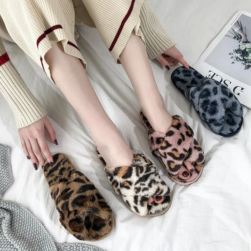 

Winter Plush Slippers Ladies Home Leopard Print Plush Women Bedroom Slippers Winter Women