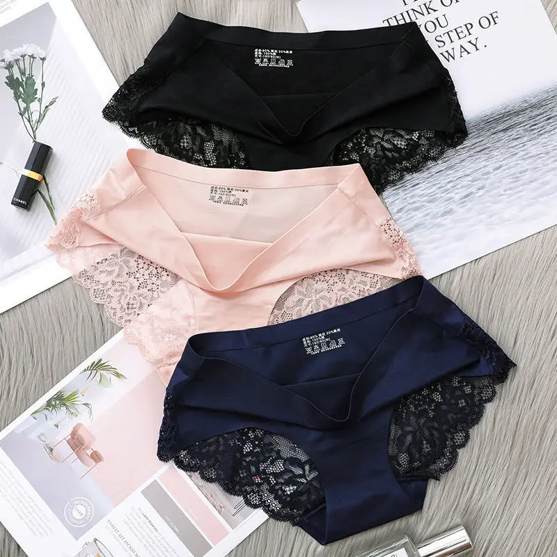 

Ladies Sexy Satin Ice Silk Underwear 2022 Women Sexy briefs Seamless Lace Panties women's panties woman underwear, Six colors