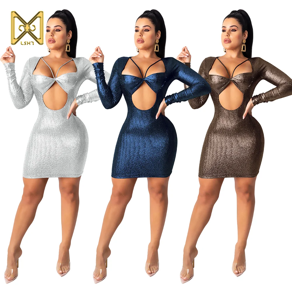 

2021 New arrivals women's Sexy hollowed-out halter wrap bust long sleeve slim mini skirt casual pleated dresses for club wear, Gold/silver/blue