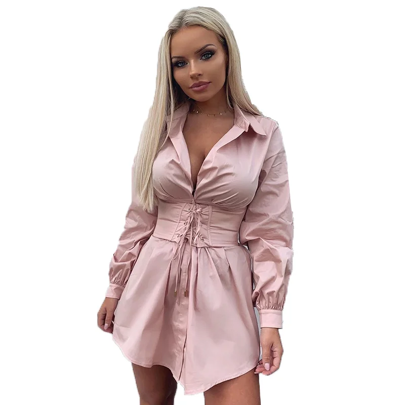 

lady solid girdle dress long sleeve casual shirt women