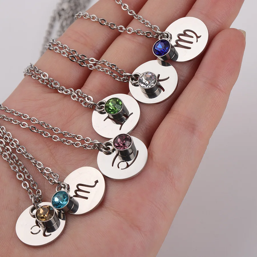 

Luxury High Polish Silver Plated 316L Stainless Steel Constellation Pendant Woman Birthstone 12 Zodiac Sign Necklace Jewelry, Color plated as shown
