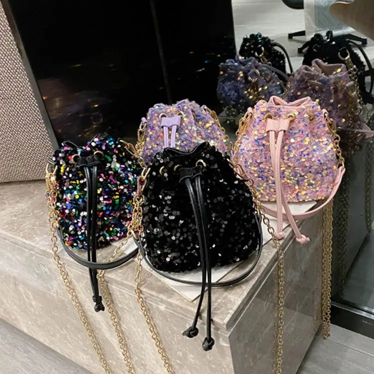 

Ins 2020 Fashion Bling Sequins Leather Hand Bags Delicate Luxury Lady Bucket Purses and Handbags for Women Shoulder Bags