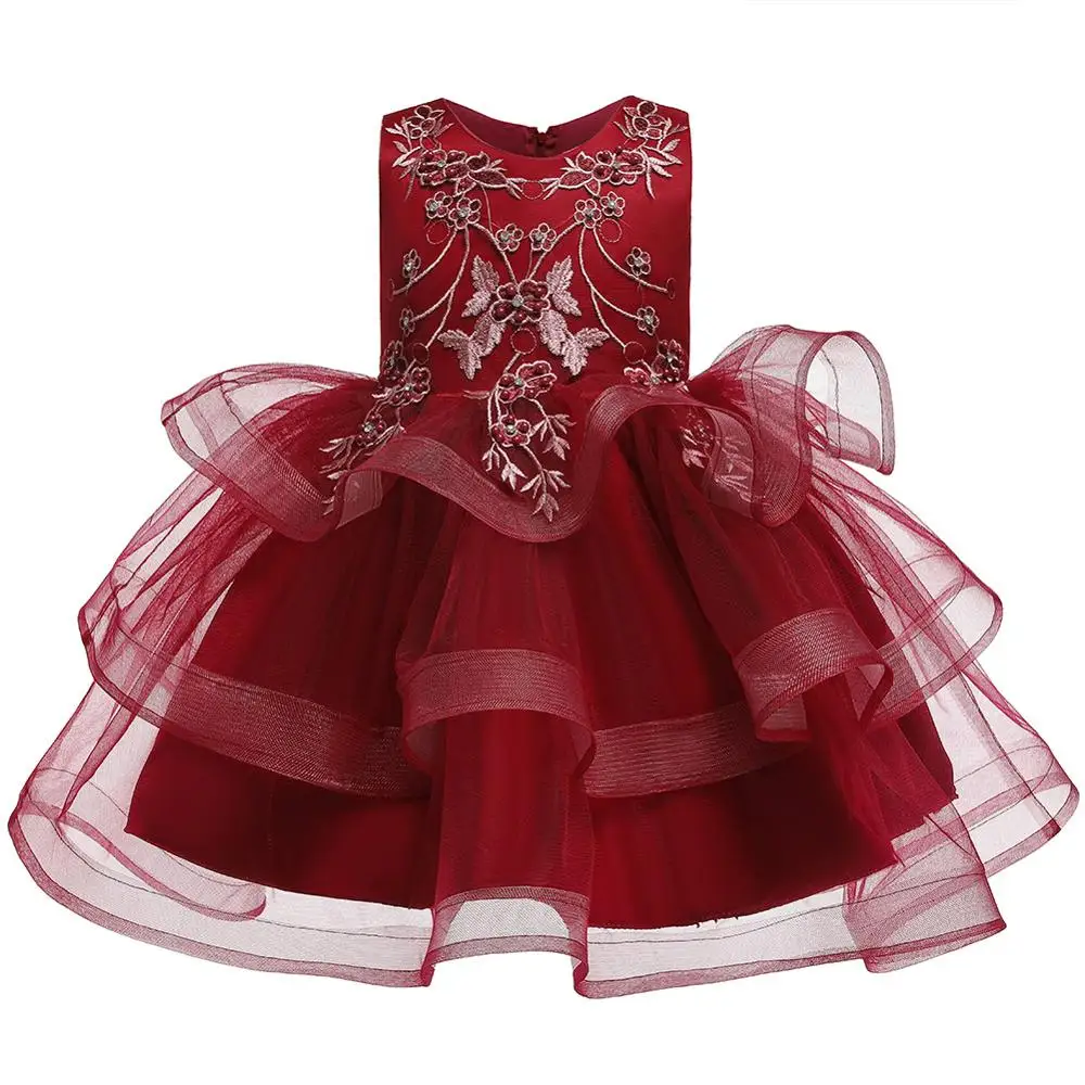 

Girls embroidered princess dress bow dress mesh multi-layer pettiskirt, White, pink, purple, burgundy, rose, blue