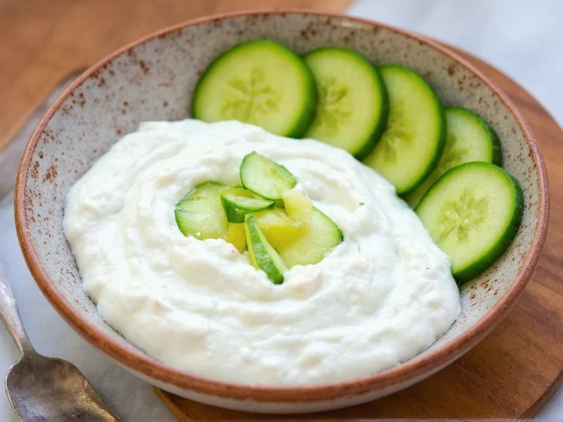 Homemade tzatziki in ceramic bowl with cucumber slices