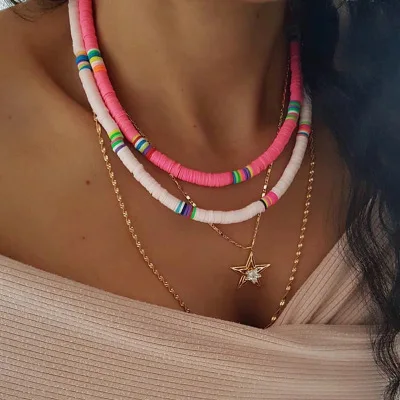 

Barlaycs 2021 Boho Necklace For Women 2021 Fashion Choker Polymer Clay Gold Plated Beads Stainless Steel Chain Necklaces