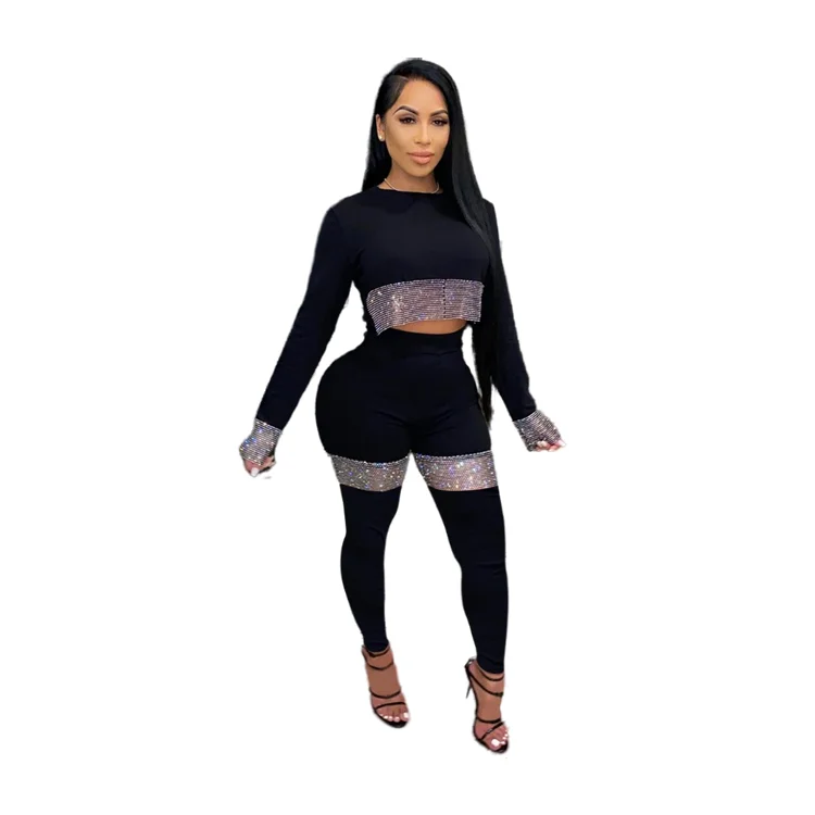 

2021 new women"s Fashion Solid color long-sleeved stretch spandex with rhinestone casual two-piece tights, Custom