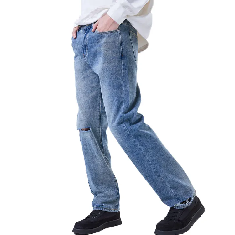 

Custom Distressed Wash Denim Pants Boys Jeans Denim Loose Straight Blue Jeans For Men