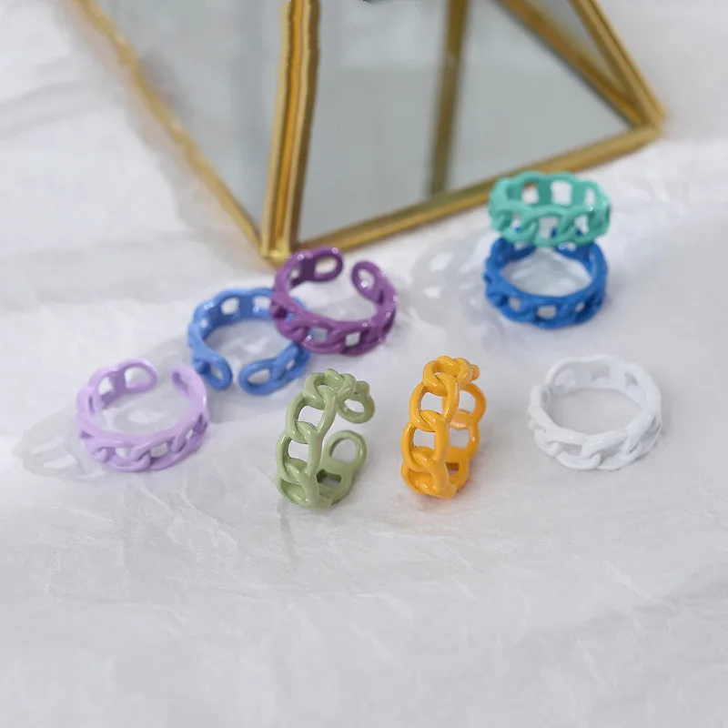 

Fashion Candy Color Hollow Opening Finger Ring Summer Hot Style Colorful Cuban Chain Rings For Women Girls
