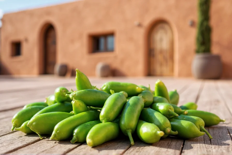 Fresh green Hatch chili peppers arranged on a wooden table with traditional New Mexican adobe architecture in the background