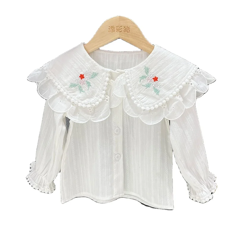 

2021 autumn new white shirt double collar lace Korean style baby bottoming shirt