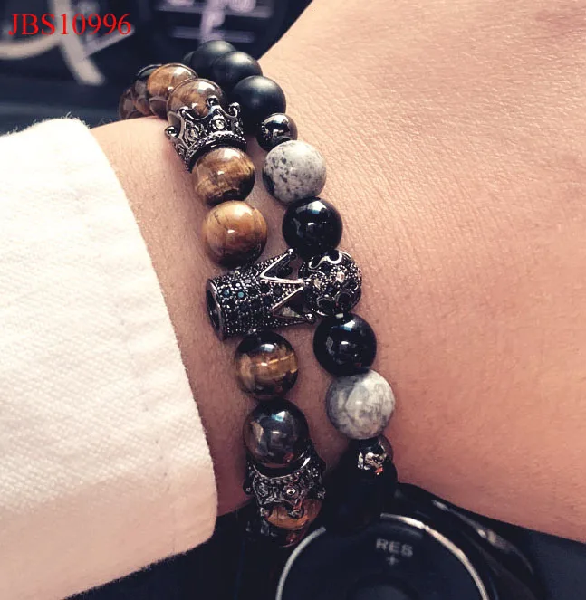 

High Quality New Design Natural Gemstone CZ Diamond Ball Crown Charm Men Elastic Bracelet Set