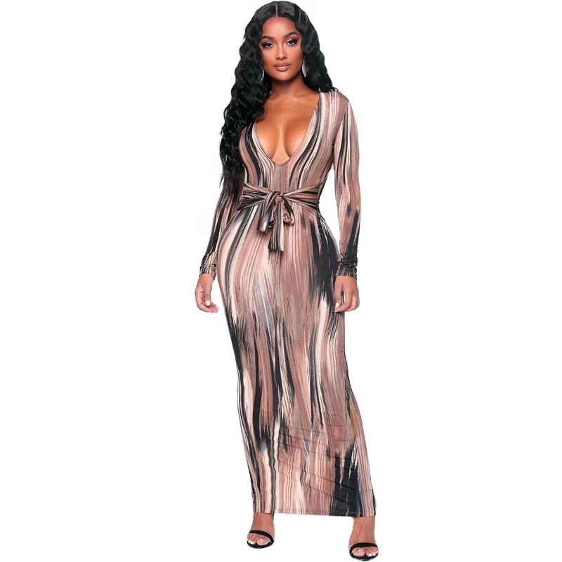 

SD0035 Spring Wholesale V Neck Bandage Fitted One Piece Elegant Maxi Party Clubbing Sexy Long Dress, Pink / brown