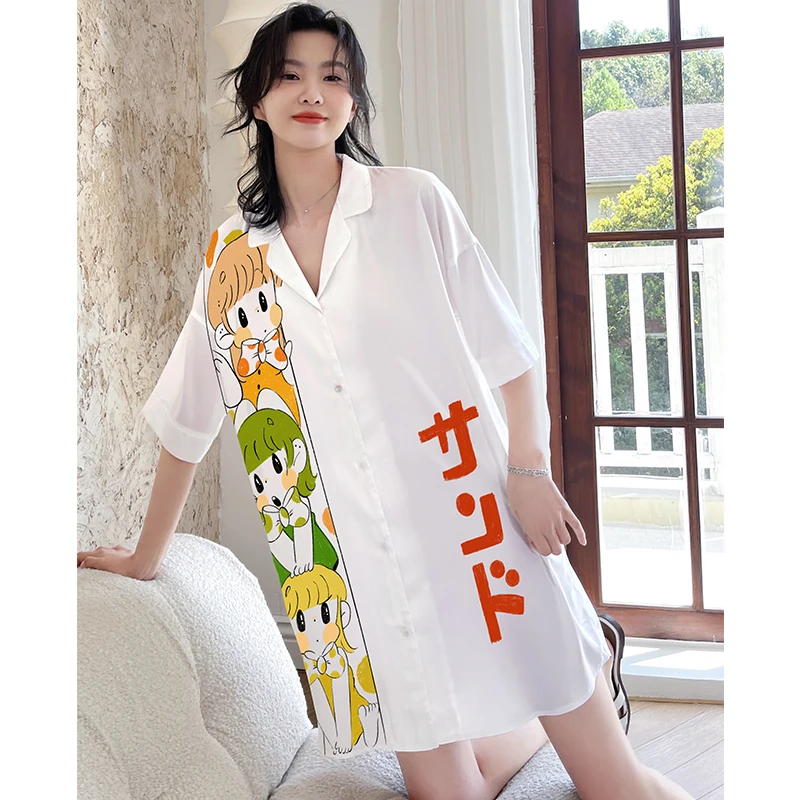 

2021 summer satin chiffon V-neck large shirt dress print cartoon girl nightdress sleepwear, Picture shows