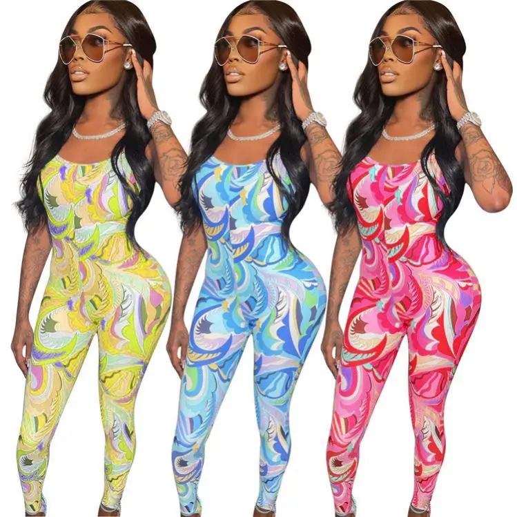 

AOMEI Newest Design Sexy Printing Pattern Women Clothing 2021 Summer Sleeveless One Piece Jumpsuits