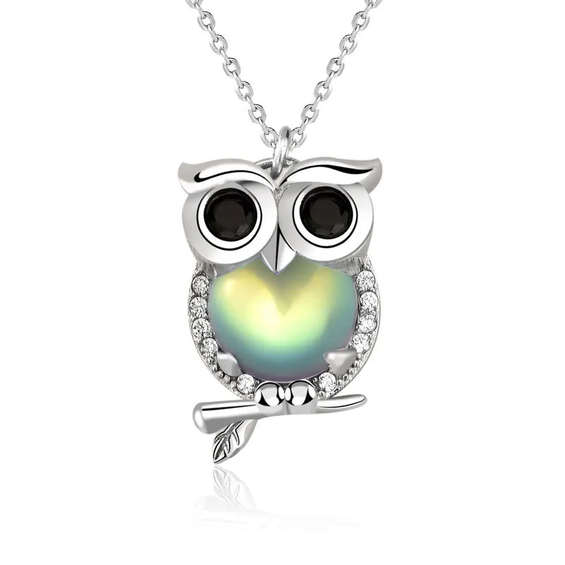 

High Quality New Design INS S925 Sterling Silver Moonstone CZ Pave Cute Owl Charm Choker Pendant Necklace Women Girl