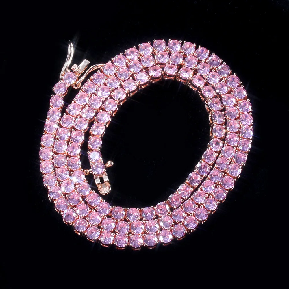 

Hip Hop Pink Cuban Chain Iced Out Tennis Chain Rose Gold Plating Zircon Miami Cuban Link Chain Necklace Wholesale Jewelry