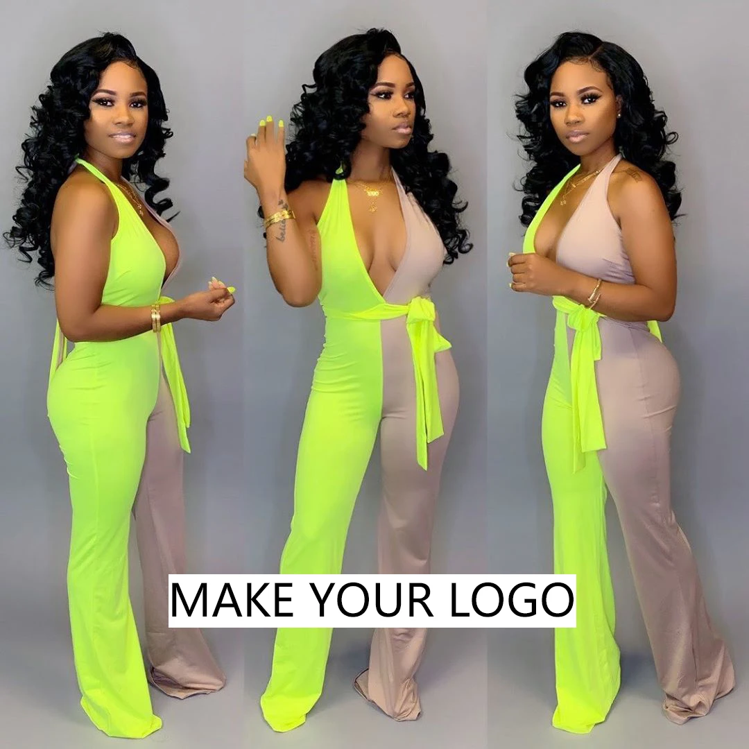 

v-neck vest jumpsuits Casual Wide Leg Sleeveless One piece V- neck Patwork Jumpsuit With Long Pants