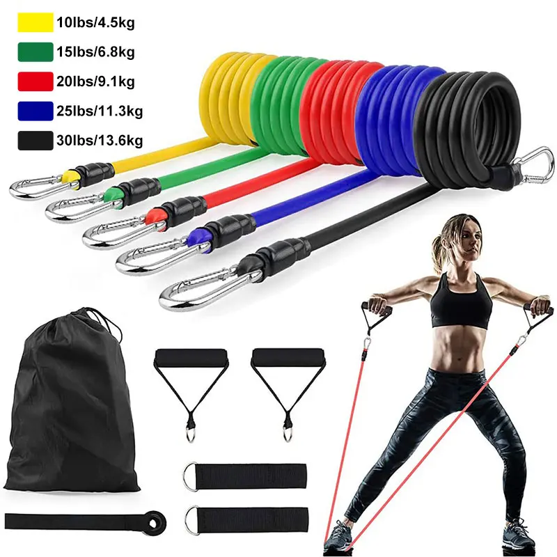 

Wholesale gym fitness workout exercise Private Custom Label 11pcs long TPE Tube resistance band set, Yellow, green, red, blue and black