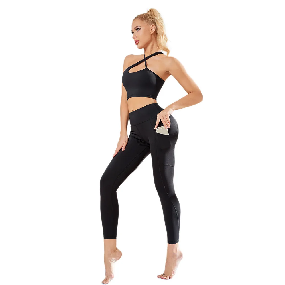 

2021 autumn hot diagonal shoulder shockproof bra running sports pants fitness yoga set women, Customized colors