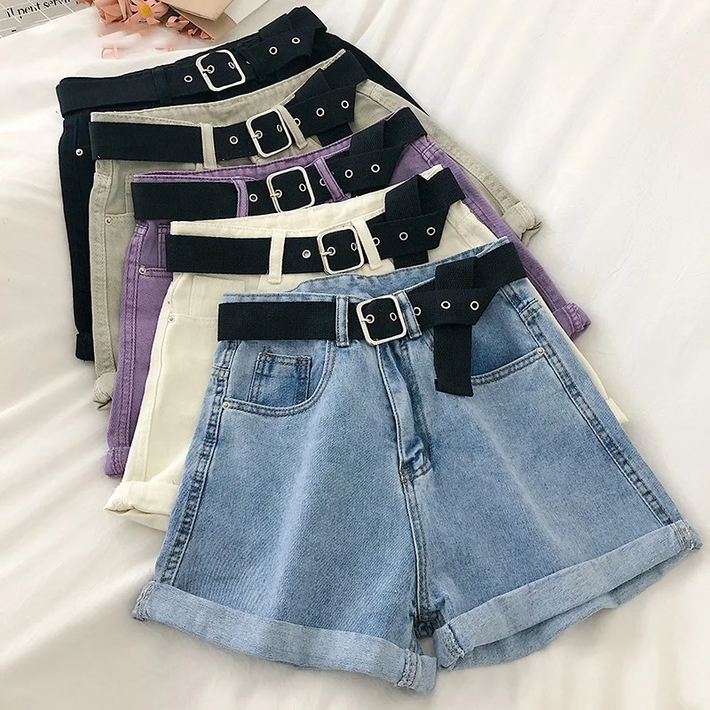 

Women High Waist Denim Shorts Soild Candy Color 2021 New Casual Summer Female Blue Loose Bottoms Roll Hem Short Jeans, Blue/black/khaki/purple/white