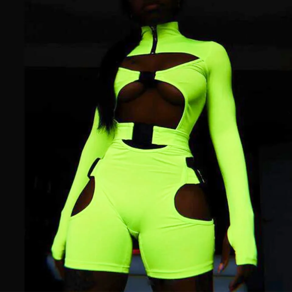 

s751a Hot selling women's shorts fluorescent green schoolbag button long sleeve jumpsuit, Black/orange/green