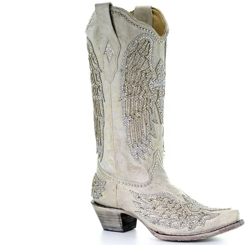 

Cowinner Woman Wings And Cross Embroidered Boots Inlay And Crystal Stuffed Cross Snip Toe Cowgirl Boots