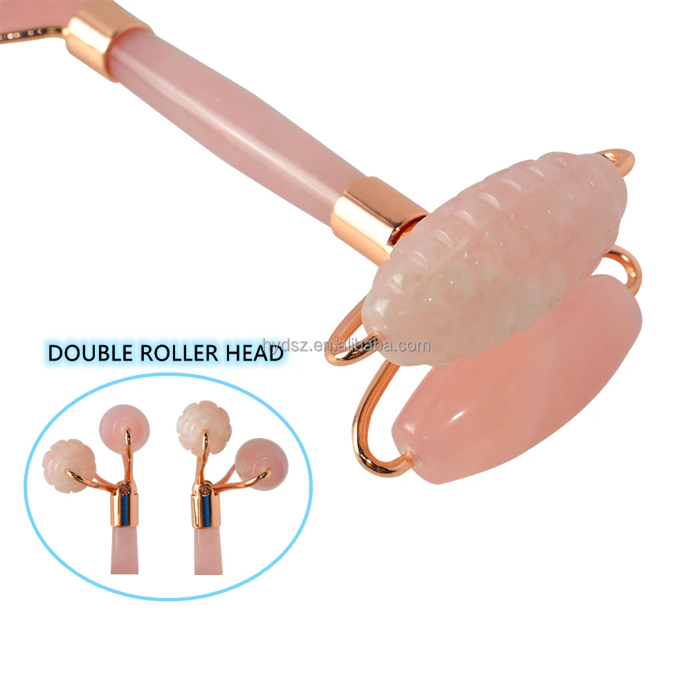 

High quality custom logo anti aging 2 in 1 facial massage double roller rose quartz jade roller for face neck eye massage, Pink
