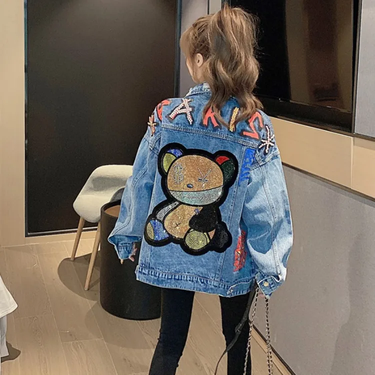 

Dropshipping 2021 Fashion Autumn Rhinestone Heavy Beading Loose Blue Denim Jean Coats Woman Outerwear