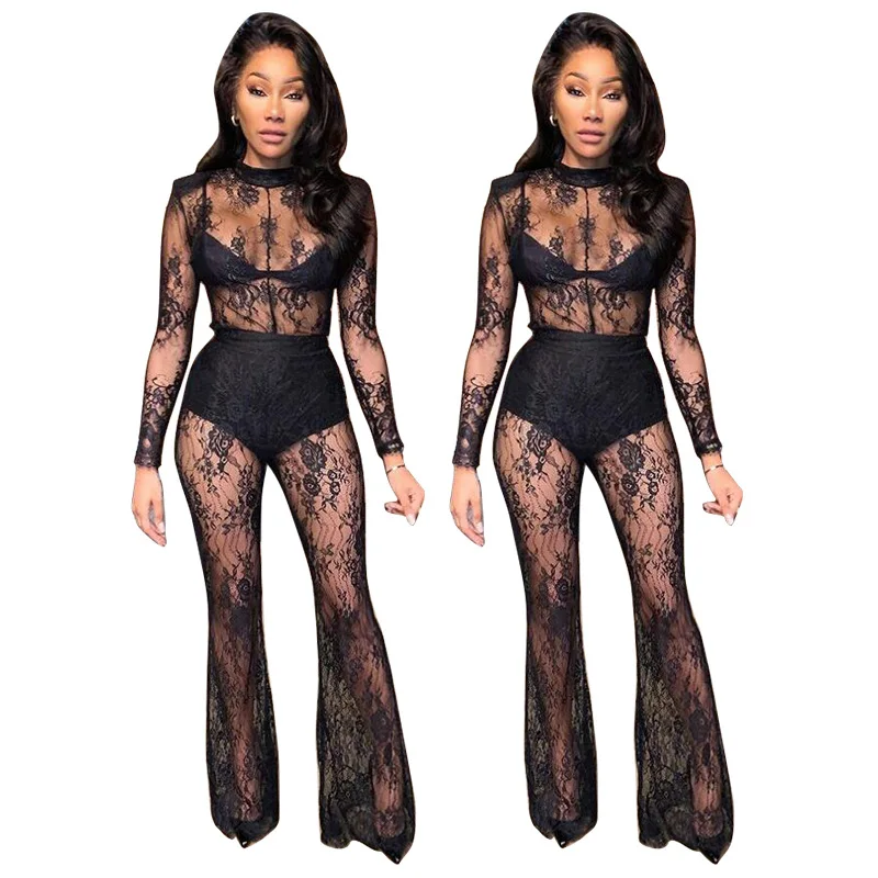 

2021 fashion club black jumpsuit flare pants see through sexy jumpsuit women mesh jumpsuits for women