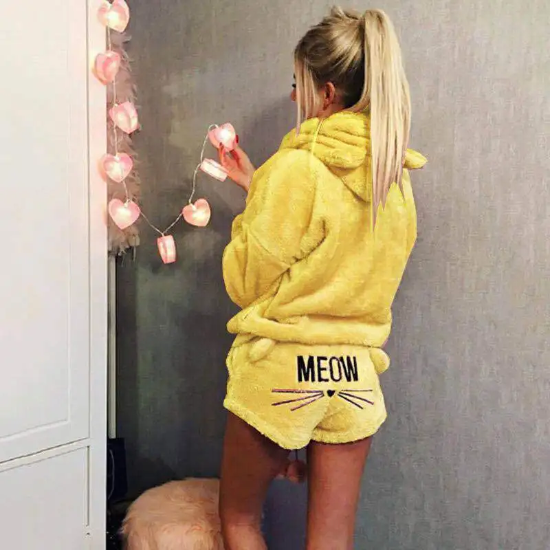 

Custom Women Coral Suit Two Piece Autumn Winter Pajamas Warm Sleepwear Cute Cat Meowing Pattern Hoodies Shorts Set 2018 New