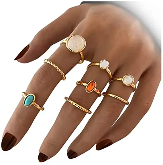 

Fashion Opal Knuckle Rings 8 Piece Gold Plated Multi Color Opal Stone Simple Stackable Finger Rings Set