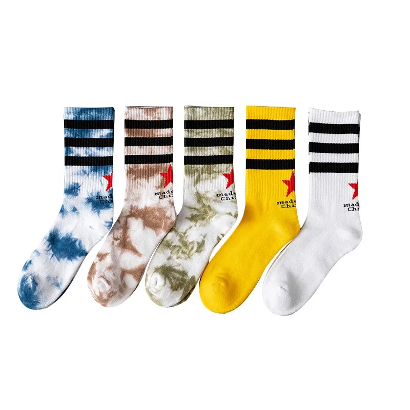 

Wholesale street fashion tie-dyed sport socks Japanese style three stripes middle tube cotton socks, Colorful