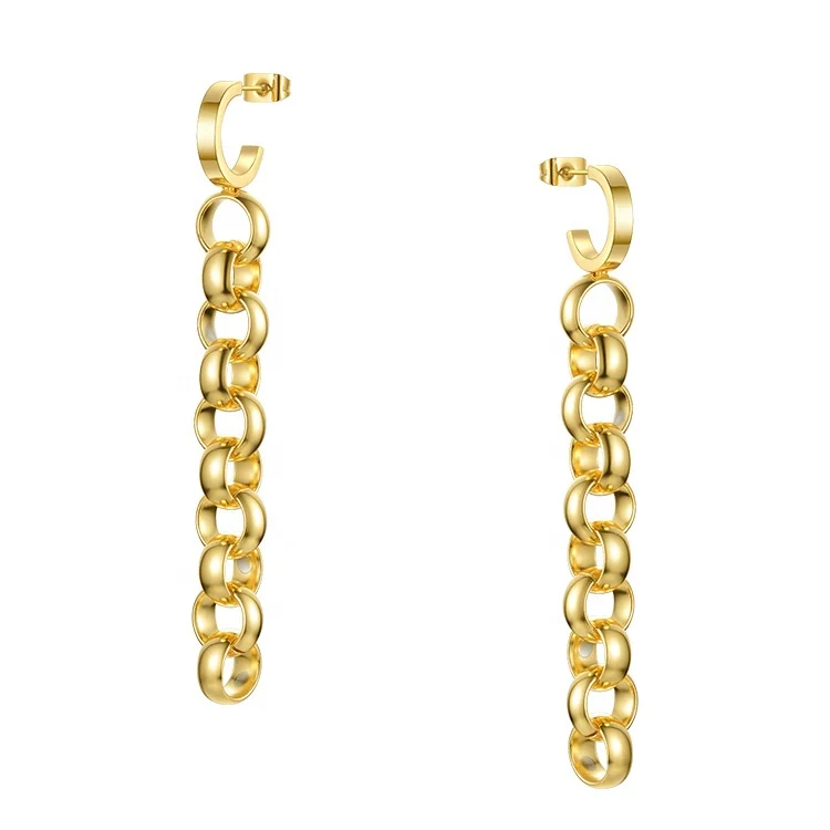 

High Quality 18K Gold Plated Stainless Steel Wide Ring Chain Drop Earrings E201180