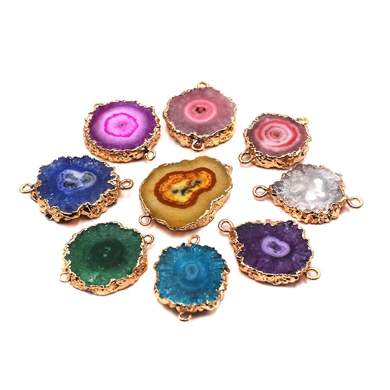 

Natural Stone Pendant Sunflower Electroplated Side Double Buckle Connector Irregular Gold Plated Edge Agate Connector Jewelry, Green, purple, white, black, blue, red,etc.