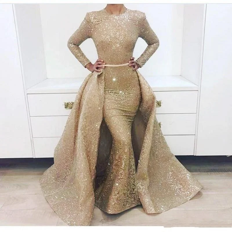 

Shiny Mermaid Evening Dress With Detachable Train Jewel Gold Lace Appliques Sequined Prom Dress Long Sleeves Zipper Back vestido, Custom made