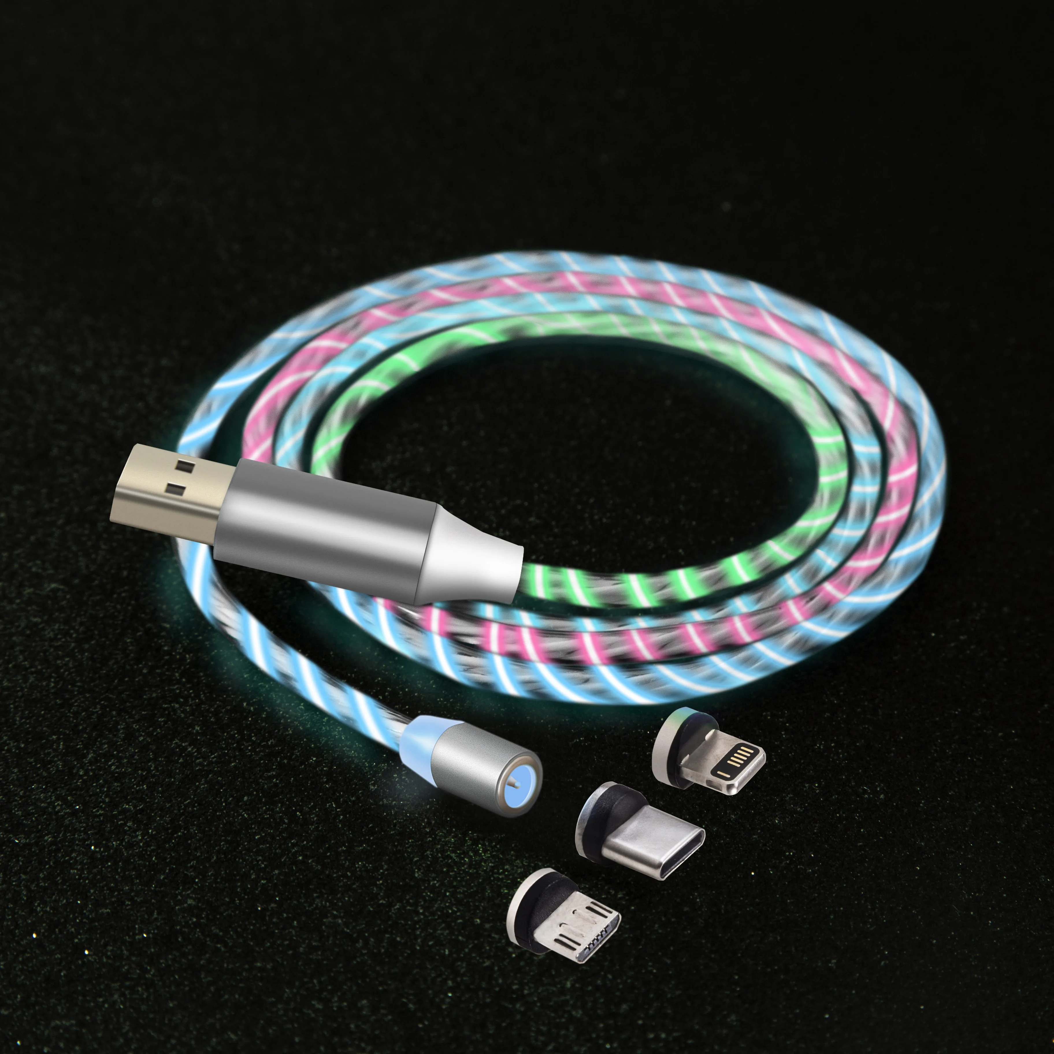 
Flowing Light LED Micro IOS Type c USB Charger Data Cable Mobile Phones Led Magnetic Charging Cable 