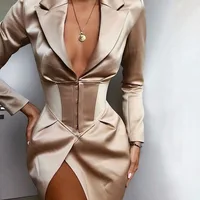 

Fashion Satin V Neck Women Blazer Sexy Long Sleeve 2019 Autumn Long Jacket Office Lady Elegent Skinny Solid Blazers New